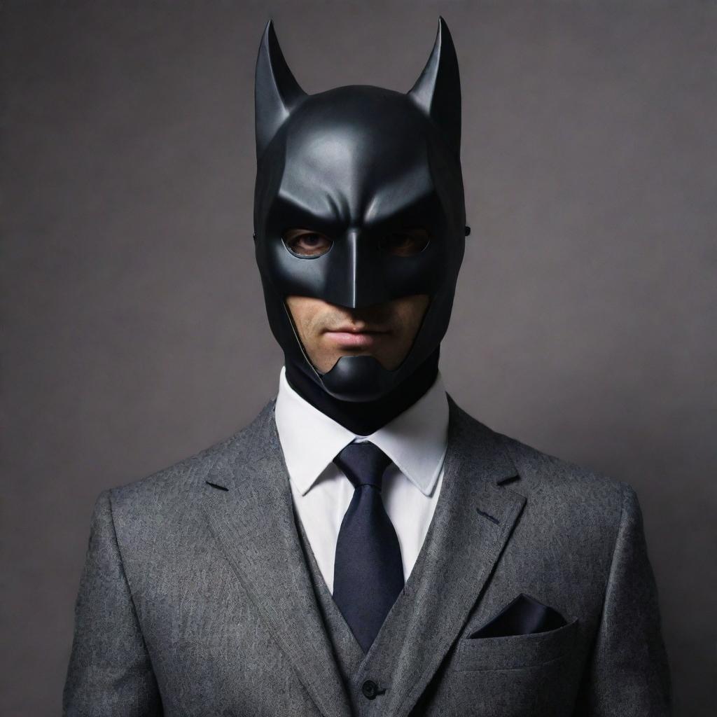 A mysterious gentleman dressed in a smart outfit, his identity concealed by a detailed and striking bat mask covering his face.