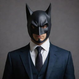 A mysterious gentleman dressed in a smart outfit, his identity concealed by a detailed and striking bat mask covering his face.