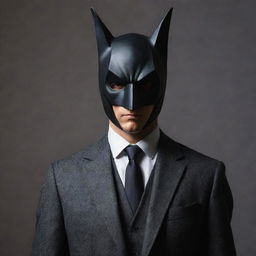 A mysterious gentleman dressed in a smart outfit, his identity concealed by a detailed and striking bat mask covering his face.