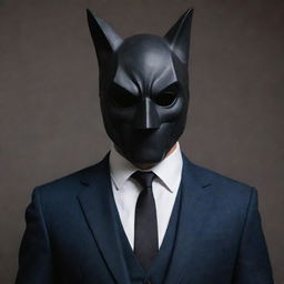 A mysterious gentleman dressed in a smart outfit, his identity concealed by a detailed and striking bat mask covering his face.