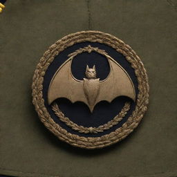 A detailed image showcasing a bat emblem prominently on a military leader's hat, symbolizing authority and power.