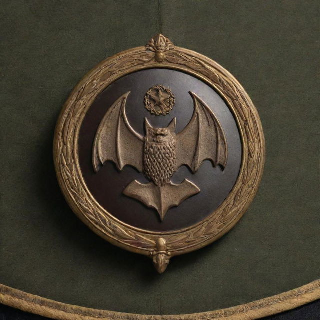 A detailed image showcasing a bat emblem prominently on a military leader's hat, symbolizing authority and power.