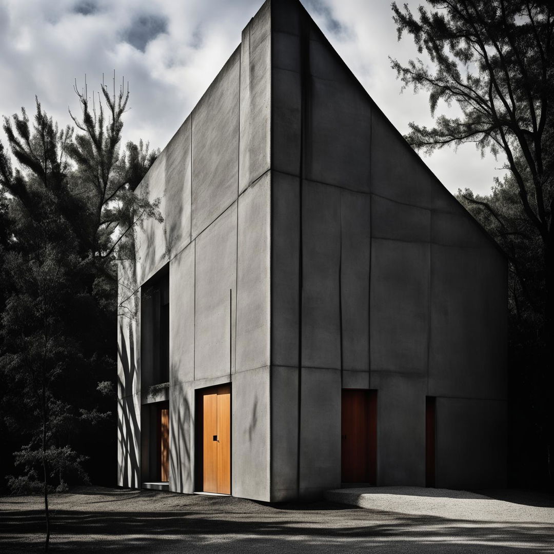 Monochromatic avant-garde architectural photography of an angular, Louis Kahn inspired concrete house with the silhouette of a tree in the foreground.