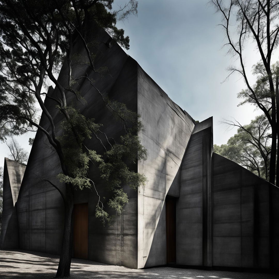 Monochromatic avant-garde architectural photography of a dramatically angular, Louis Kahn inspired concrete house with the silhouette of a tree in the foreground.