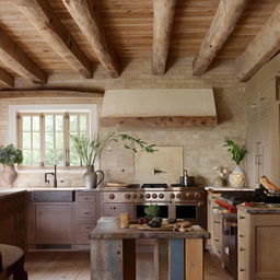 Contemporary French country kitchen with warm wood tones, rustic fixtures, and farmhouse details.