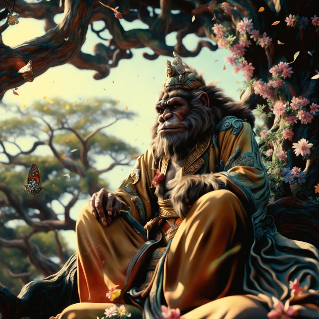 Ultra-high resolution digital photograph of Wukong, the Monkey King, meditating under a massive tree, surrounded by nature and butterflies, with his fur detailed in the wind.