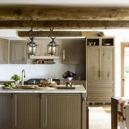 Contemporary French country kitchen with warm wood tones, rustic fixtures, and farmhouse details.