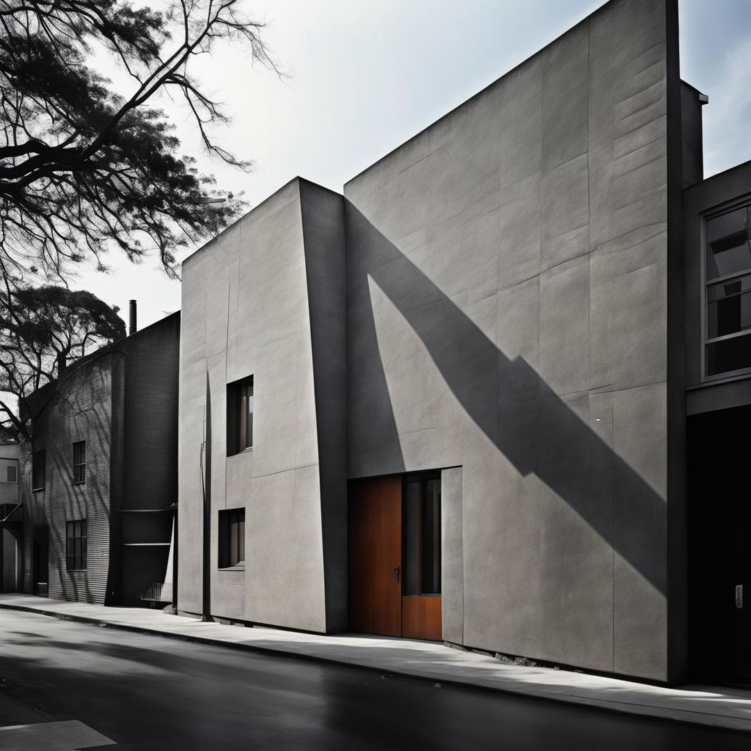 Monochromatic avant-garde streetscape photography featuring a dramatically angular, Louis Kahn inspired concrete house with the silhouette of a tree in the foreground.