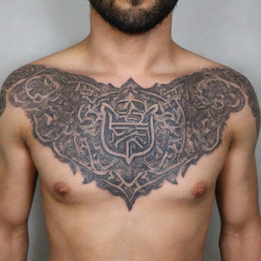 Design a detailed chest tattoo featuring the Farohar, an Iranian symbol, with intricate patterns and blends well with the anatomy of the chest.