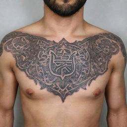 Design a detailed chest tattoo featuring the Farohar, an Iranian symbol, with intricate patterns and blends well with the anatomy of the chest.