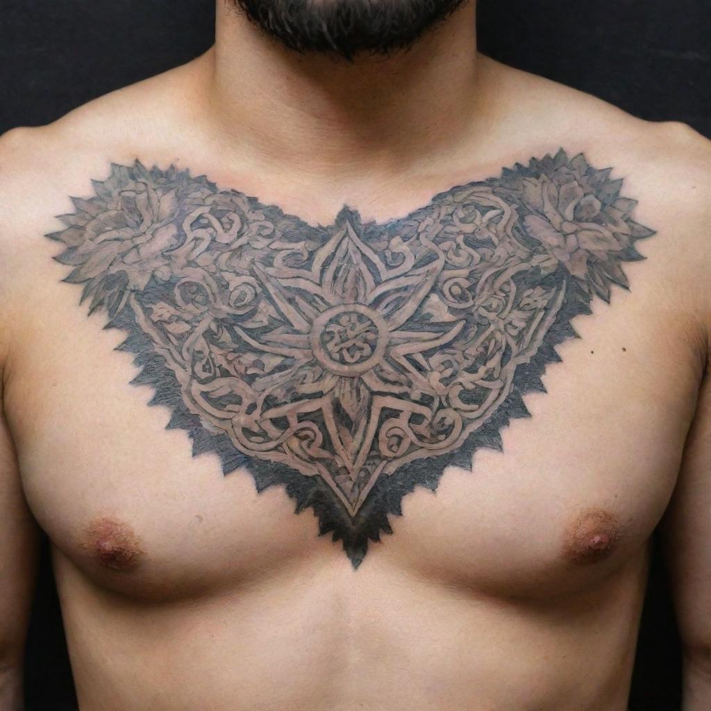 Design a detailed chest tattoo featuring the Farohar, an Iranian symbol, with intricate patterns and blends well with the anatomy of the chest.