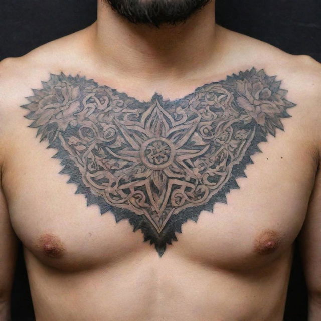 Design a detailed chest tattoo featuring the Farohar, an Iranian symbol, with intricate patterns and blends well with the anatomy of the chest.