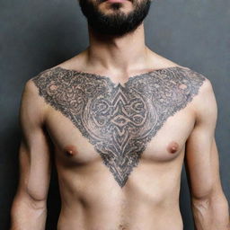 Design a detailed chest tattoo featuring the Farohar, an Iranian symbol, with intricate patterns and blends well with the anatomy of the chest.