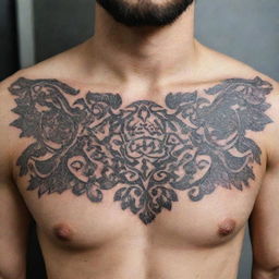 Design a detailed chest tattoo featuring the Farohar, an Iranian symbol, with intricate patterns and blends well with the anatomy of the chest.