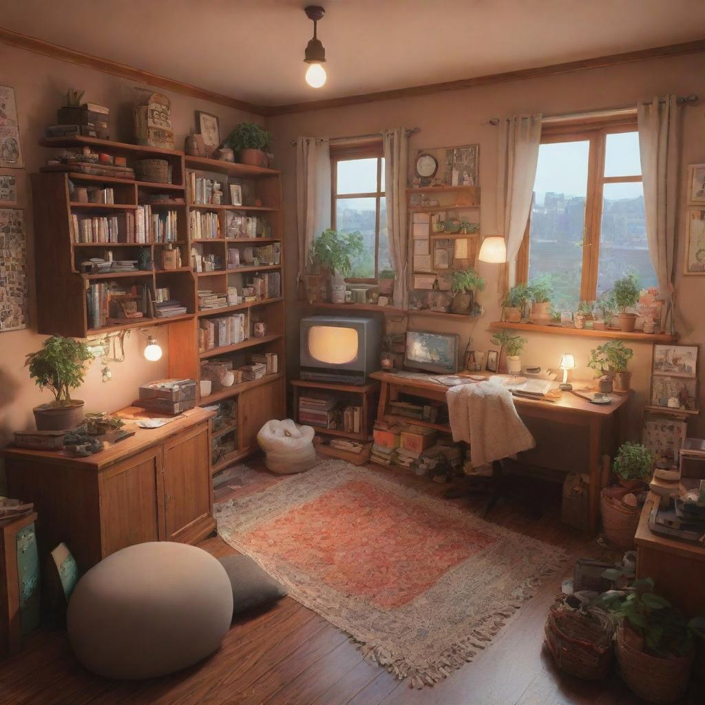 3D representation of a cluttered apartment with a cozy atmosphere, imbued with the distinctive Studio Ghibli warm aesthetic.