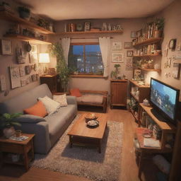 3D representation of a cluttered apartment with a cozy atmosphere, imbued with the distinctive Studio Ghibli warm aesthetic.