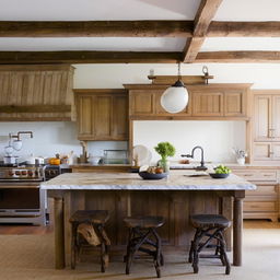 Contemporary French country kitchen with warm wood tones, rustic fixtures, and farmhouse details.