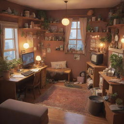 3D representation of a cluttered apartment with a cozy atmosphere, imbued with the distinctive Studio Ghibli warm aesthetic.