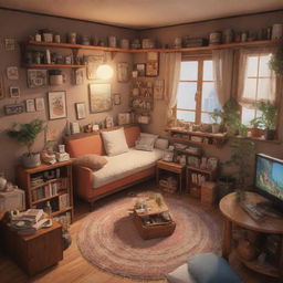 3D representation of a cluttered apartment with a cozy atmosphere, imbued with the distinctive Studio Ghibli warm aesthetic.