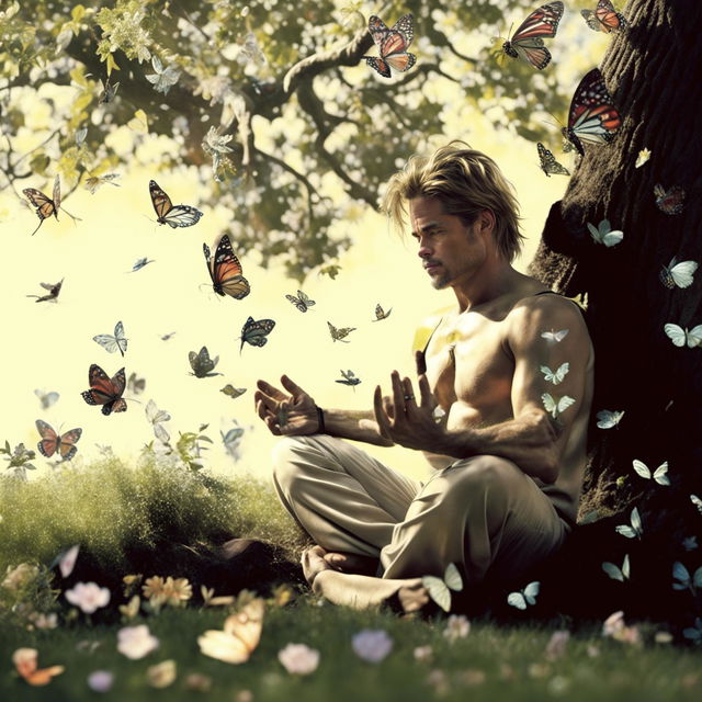 Ultra-high resolution digital photograph of Brad Pitt meditating under a massive tree, surrounded by nature and butterflies.