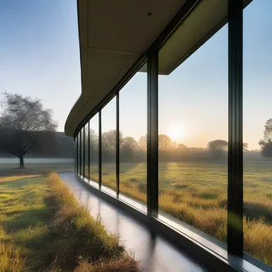 The architecture of the building incorporates large glass windows to capture the beauty of the morning dew on the surrounding landscape.