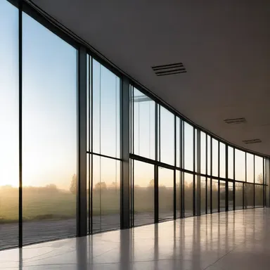 The architecture of the building incorporates large glass windows to capture the beauty of the morning dew on the surrounding landscape.