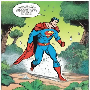 In the comic strip, the superhero's powers are enhanced when he comes into contact with the mystical dewdrops from a hidden garden.