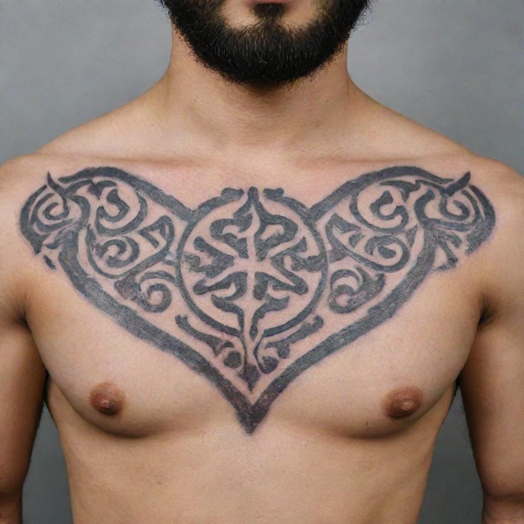 Design a chest tattoo featuring the Farohar, an ancient Iranian symbol, intricately incorporating distinct elements for a unique aesthetic.