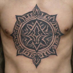 Design a chest tattoo featuring the Farohar, an ancient Iranian symbol, intricately incorporating distinct elements for a unique aesthetic.