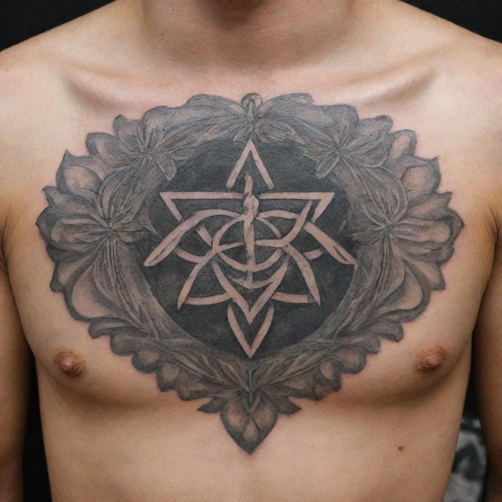 Design a chest tattoo featuring the Farohar, an ancient Iranian symbol, intricately incorporating distinct elements for a unique aesthetic.