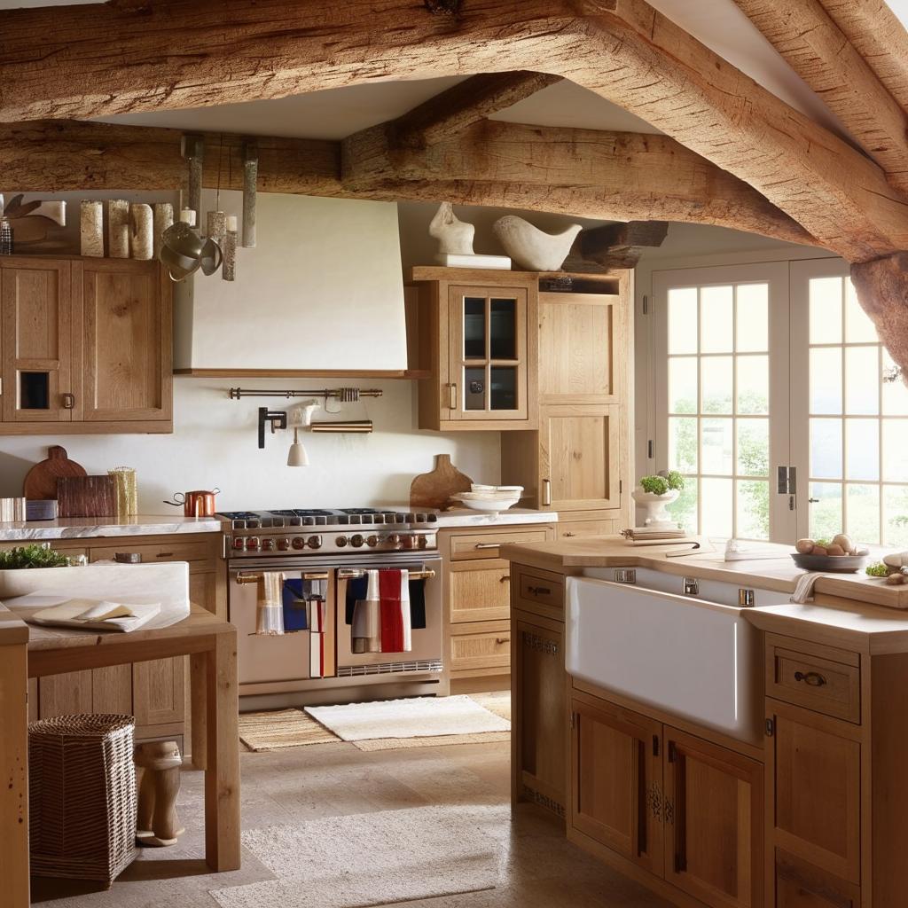 Contemporary French country kitchen with warm wood tones, rustic fixtures, and farmhouse details.