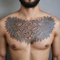 Design a chest tattoo featuring the Farohar, an ancient Iranian symbol, intricately incorporating distinct elements for a unique aesthetic.