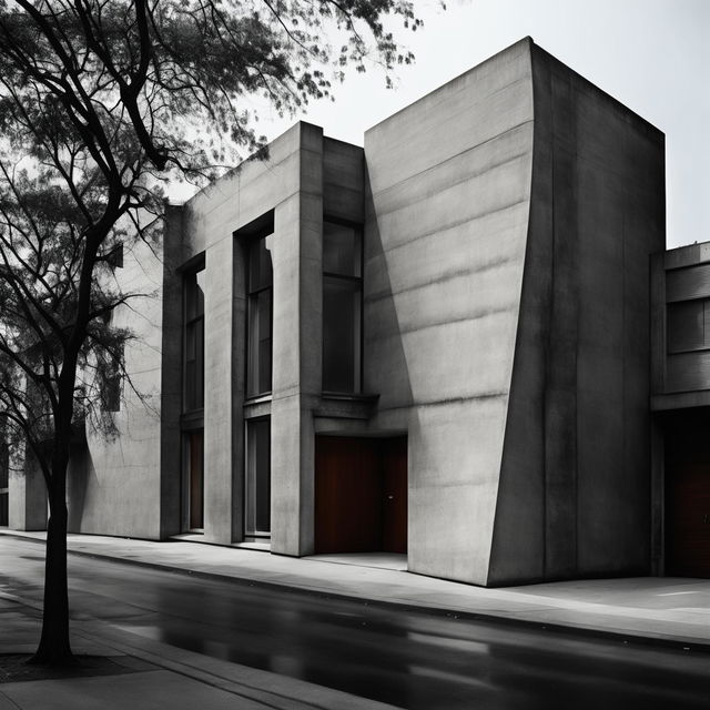 Monochromatic avant-garde streetscape photography featuring a dramatically angular, Louis Kahn inspired concrete house with the silhouette of a tree in the foreground.