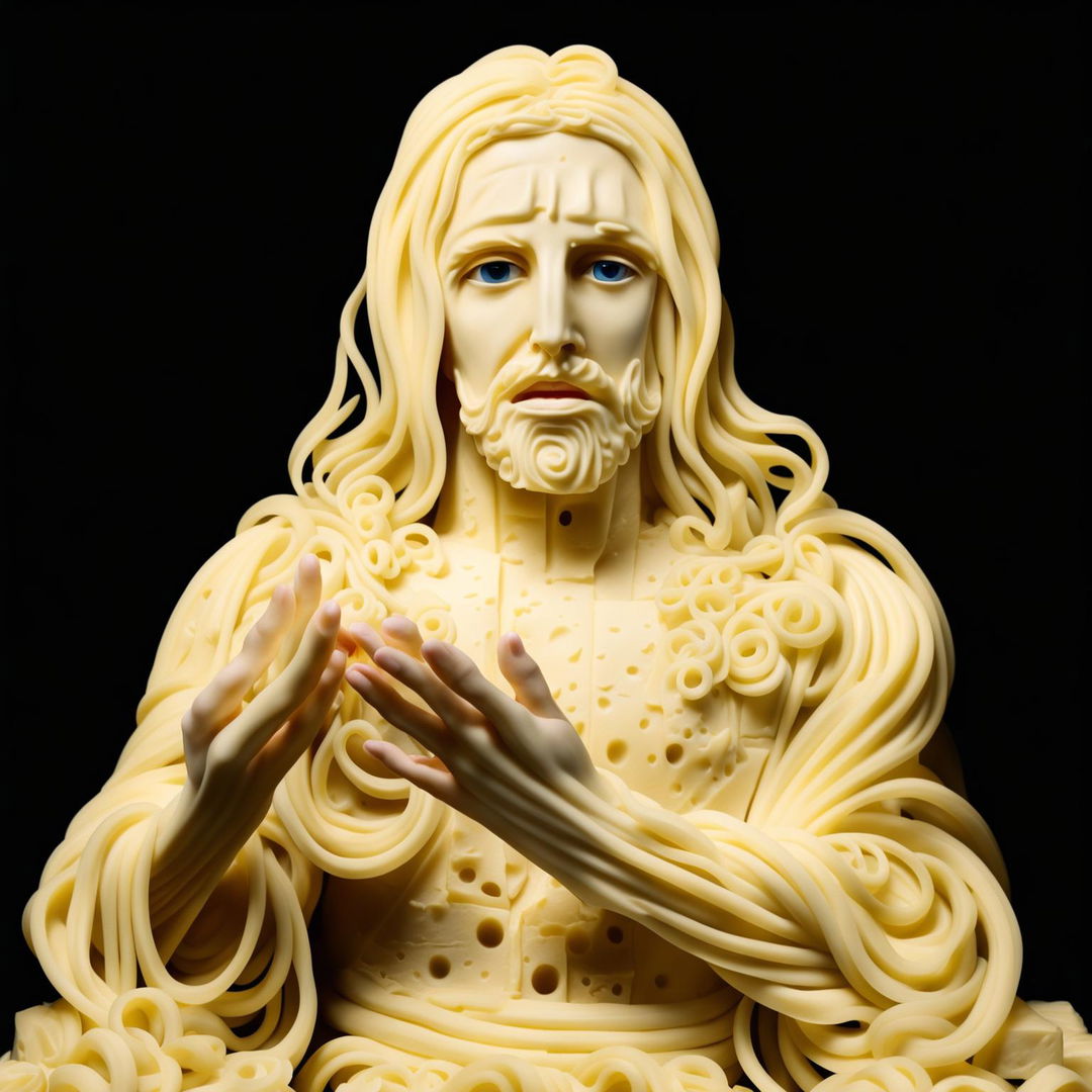 A digital art depiction of Jesus Christ crafted entirely from various types of cheese against a simple black background.