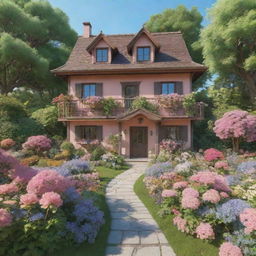 3D representation of a Studio Ghibli-esque house surrounded by a beautiful flower-filled garden exuding a soothing aesthetic, on a bright summer day.