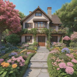 3D representation of a Studio Ghibli-esque house surrounded by a beautiful flower-filled garden exuding a soothing aesthetic, on a bright summer day.
