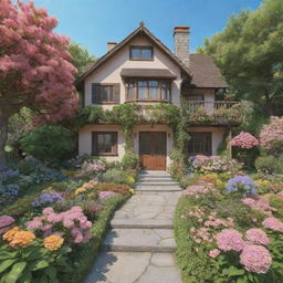 3D representation of a Studio Ghibli-esque house surrounded by a beautiful flower-filled garden exuding a soothing aesthetic, on a bright summer day.