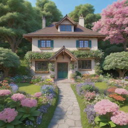 3D representation of a Studio Ghibli-esque house surrounded by a beautiful flower-filled garden exuding a soothing aesthetic, on a bright summer day.