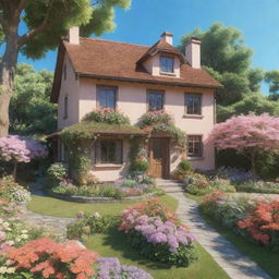 3D representation of a Studio Ghibli-esque house surrounded by a beautiful flower-filled garden exuding a soothing aesthetic, on a bright summer day.