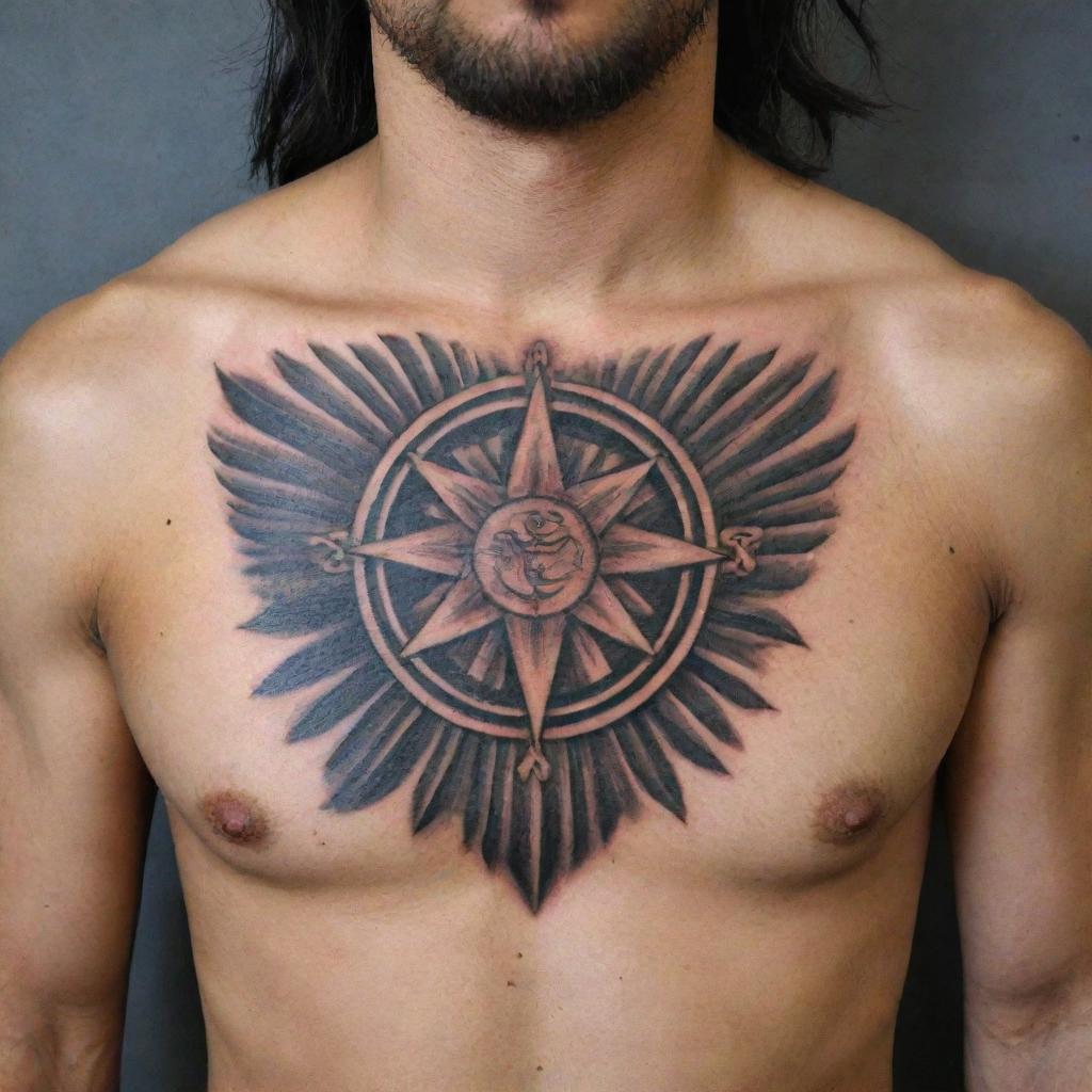 Design a complex chest tattoo featuring a Zoroastrian symbol, carefully drawing for a notable and intricate aesthetic.