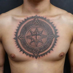 Design a complex chest tattoo featuring a Zoroastrian symbol, carefully drawing for a notable and intricate aesthetic.