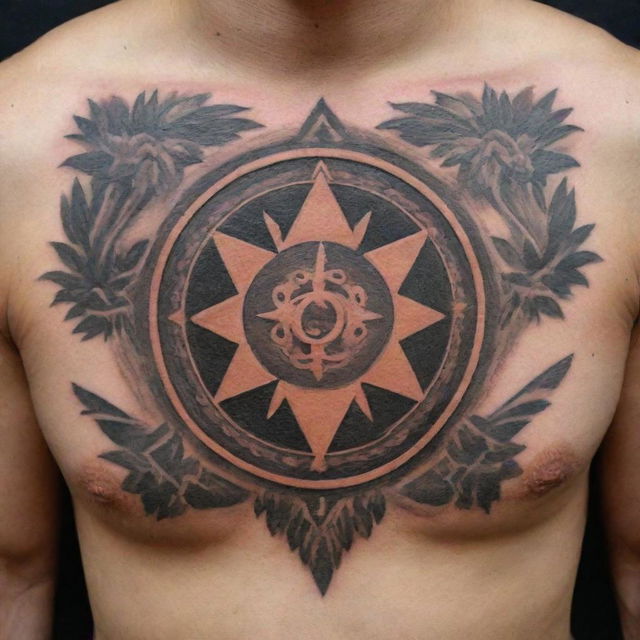 Design a complex chest tattoo featuring a Zoroastrian symbol, carefully drawing for a notable and intricate aesthetic.