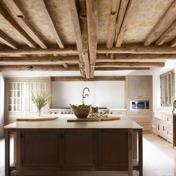 Contemporary French country kitchen with warm wood tones, rustic fixtures, and farmhouse details, complemented with a simple ceiling featuring recessed lighting.