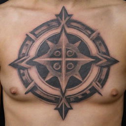 Design a complex chest tattoo featuring a Zoroastrian symbol, carefully drawing for a notable and intricate aesthetic.