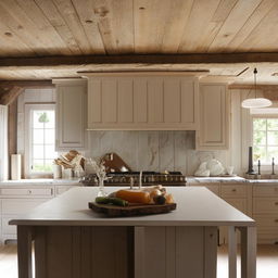 Contemporary French country kitchen with warm wood tones, rustic fixtures, and farmhouse details, complemented with a simple ceiling featuring recessed lighting.