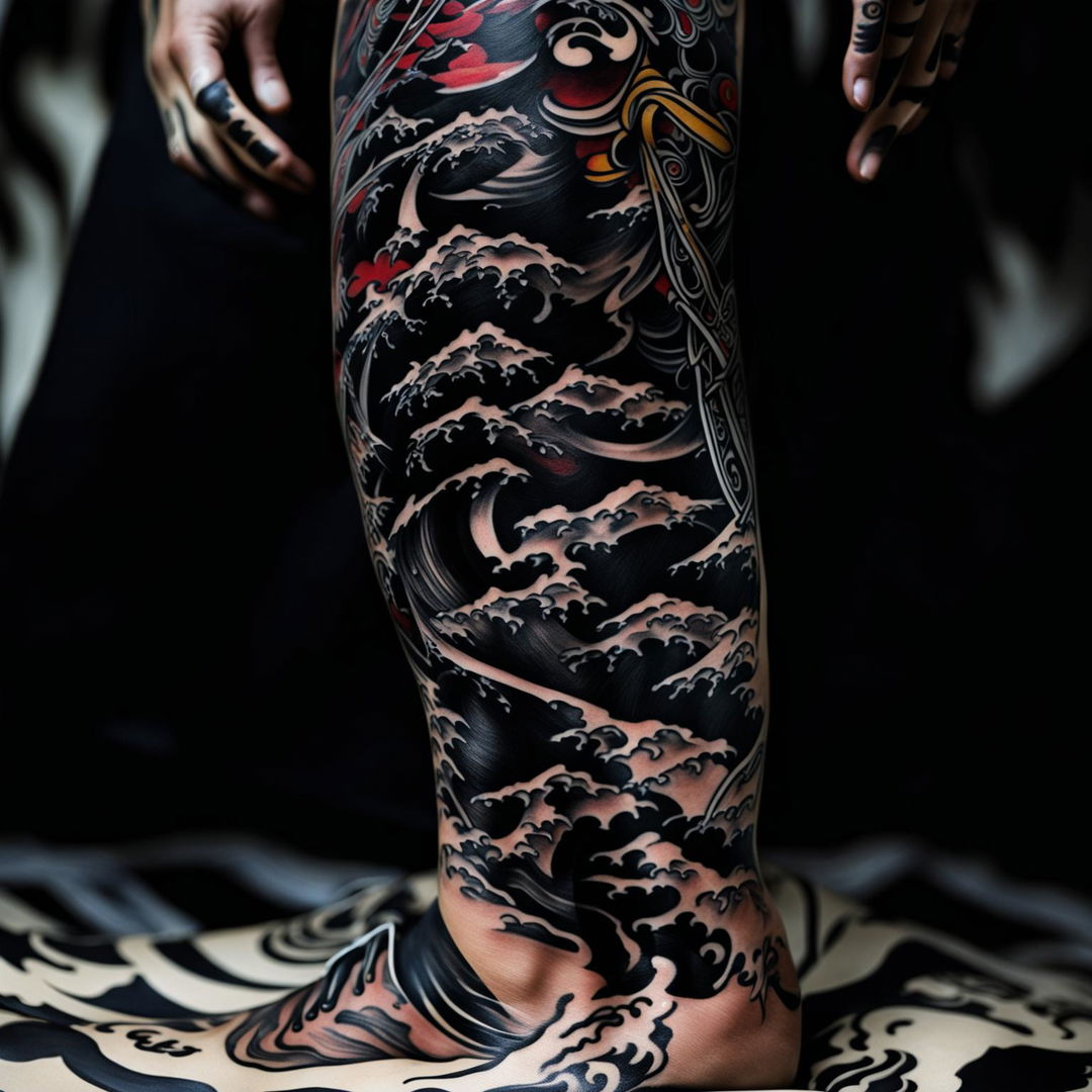 Close-up photo of a full-body Yakuza-style tattoo with asymmetrical black waves.