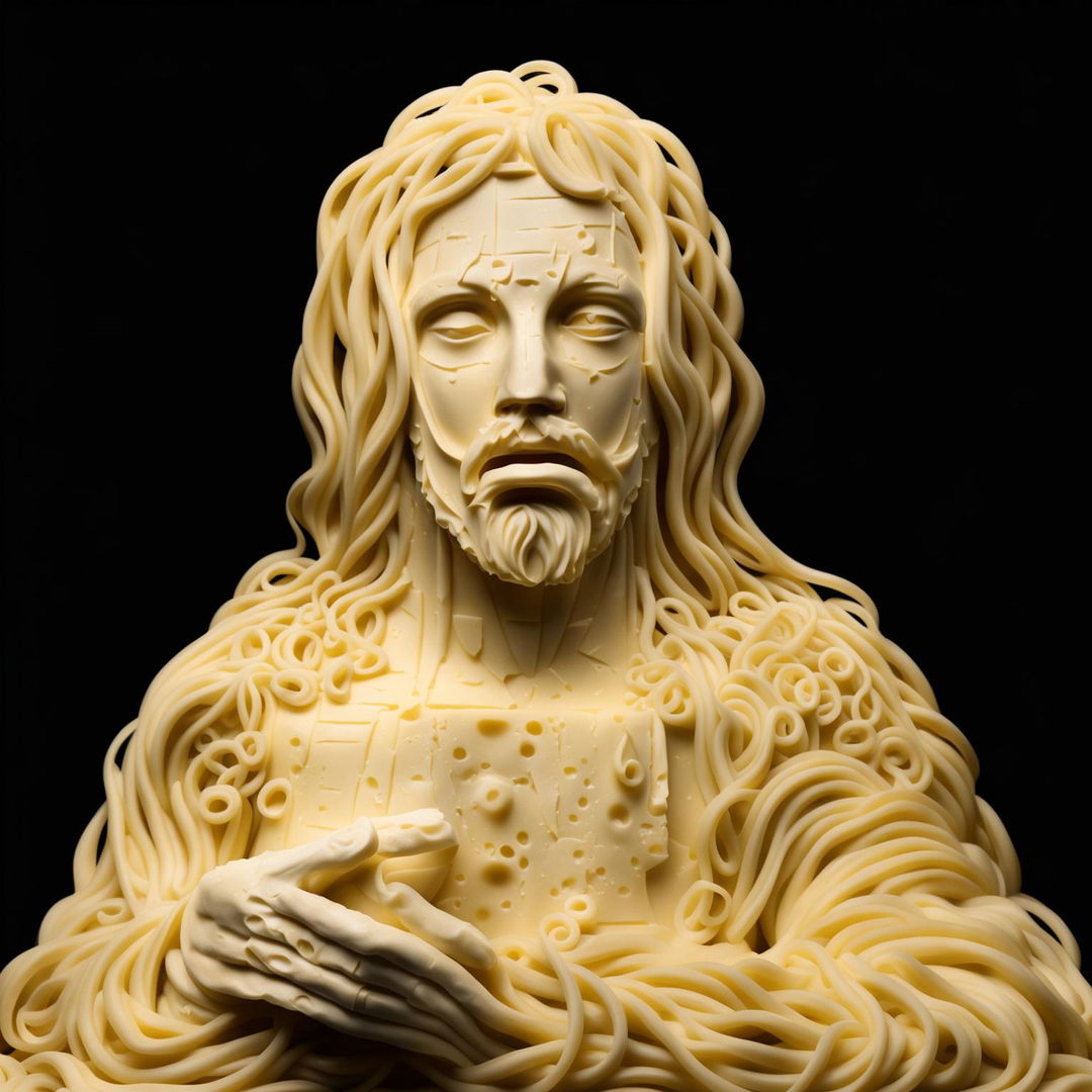 A digital art depiction of Jesus Christ crafted entirely from an even wider variety of cheeses, with added cheese-related details.