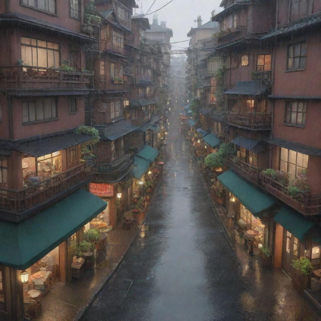 3D representation of a crowded city during a rainy day, embodying the unique cozy and atmospheric aesthetic of Studio Ghibli.