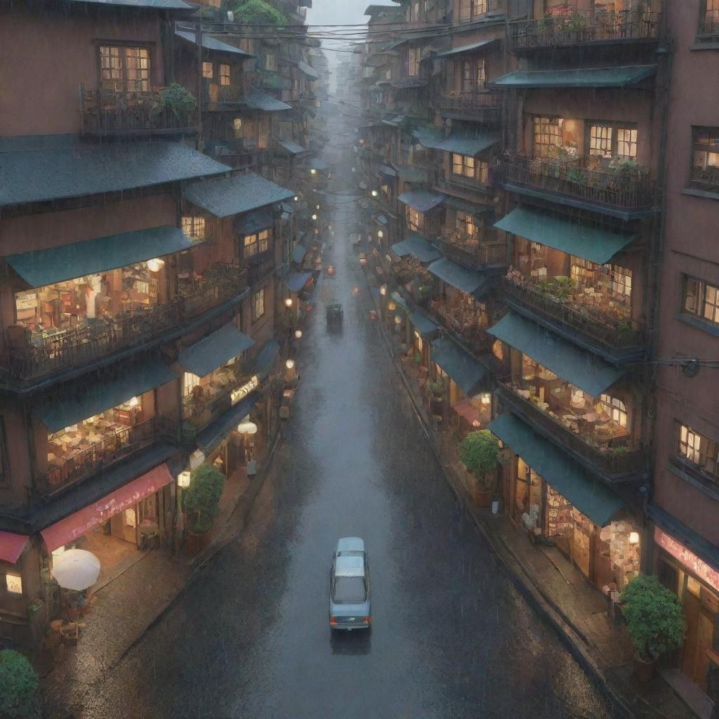 3D representation of a crowded city during a rainy day, embodying the unique cozy and atmospheric aesthetic of Studio Ghibli.