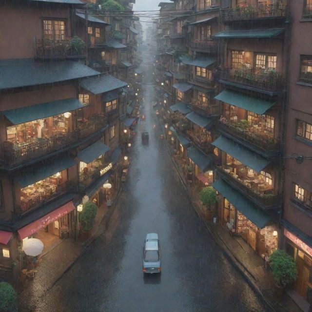 3D representation of a crowded city during a rainy day, embodying the unique cozy and atmospheric aesthetic of Studio Ghibli.